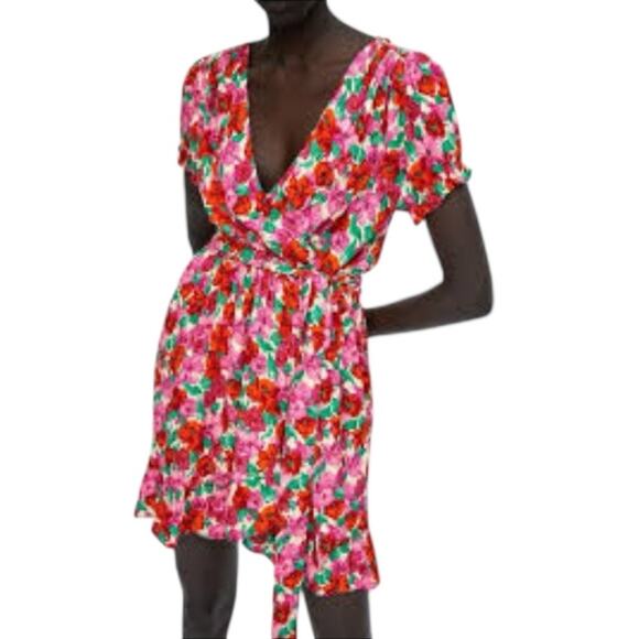 Zara Pink and Red Floral Print Short Sleeve Mini Wrap Dress Size Large - Picture 1 of 9